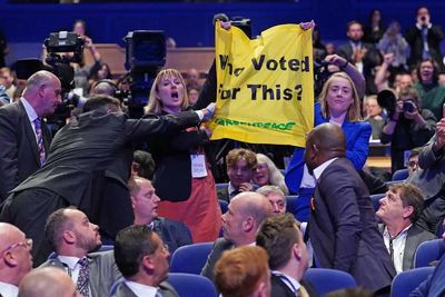 'Who voted for this?': Liz Truss's conference speech interrupted by protesters