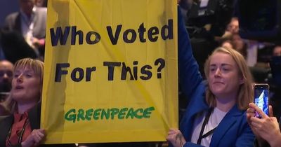 Prime Minister Liz Truss forced to stop Conservative party speech due to Greenpeace protesters