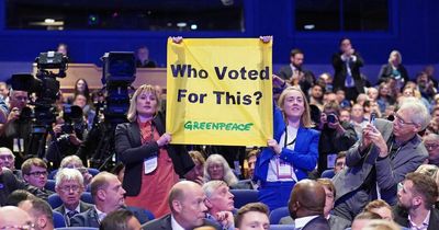 Prime Minister Liz Truss heckled by protesters during Tory conference speech