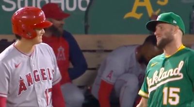 Shohei Ohtani made a hilarious ‘threat’ to A’s first baseman Seth Brown after being hit by a pitch