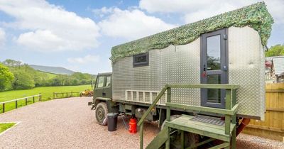 The cool converted army truck called Big Daf where you can stay with your own hot tub and rural views