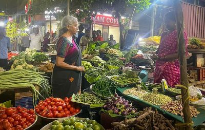 Union Finance Minister Nirmala Sitharaman takes a break to shop for vegetables in Chennai’s Mylapore