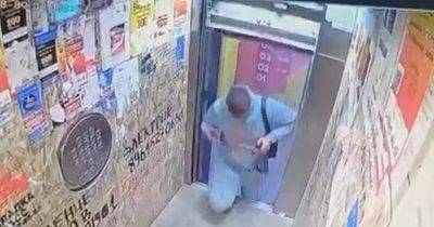 Terrifying moment elevator almost chops off man's head before he dives backwards