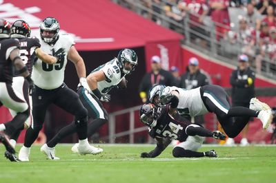 Eagles’ left guard Landon Dickerson questionable to return vs. Cardinals with leg injury