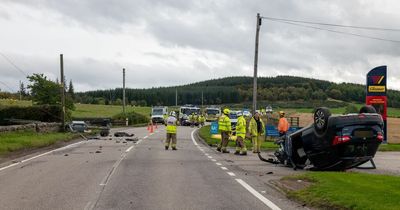 Car flips onto roof after crashing into electricity pylon on Scots road sparking fire and power cut