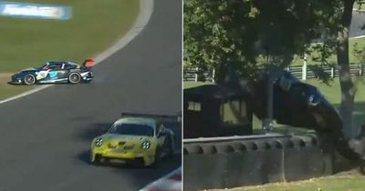 Race car gets stuck in tree in frightening crash which sees marshals run to safety