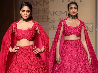 Mrunal Thakur saunters down the ramp in a stunning red lehenga from Mishru