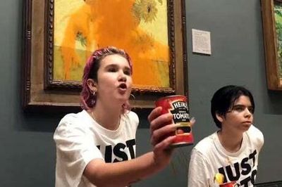 Just Stop Oil activists throw tomato soup at iconic Vincent van Gogh Sunflowers painting