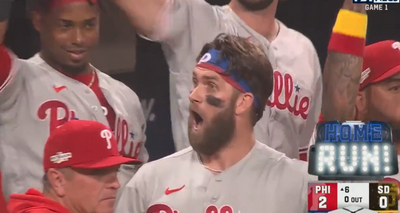Bryce Harper’s astonished reaction to Kyle Schwarber’s towering 488-foot HR was Phillies fans everywhere