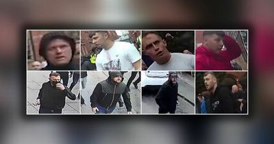 Police looking for these eight men after violent clashes between Leeds and Manchester United fans