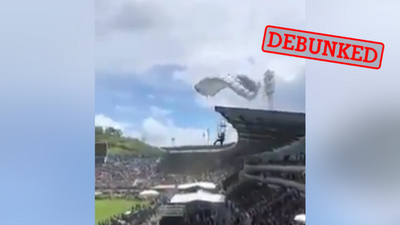 No, this video of parachutists crash-landing in a stadium wasn’t filmed in Uganda