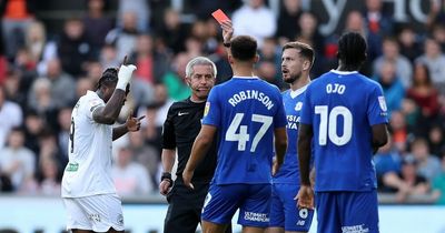 Cardiff City star Callum Robinson sent off for throwing ball in Ben Cabango's face just minutes into South Wales derby