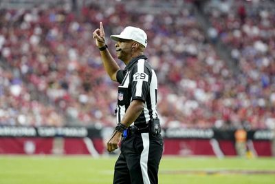 Referee Adrian Hill gets bonked in the head with football after holding call