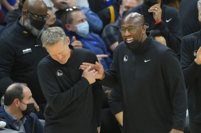 Steve Kerr presents Mike Brown and Leandro Barbosa with 2022 championship rings before Warriors vs. Kings