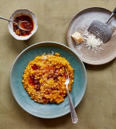 Thomasina Miers’ recipe for squash risotto with chestnut chilli oil
