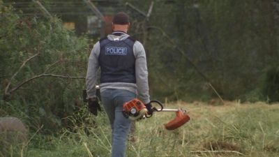 Detectives search vacant property with whipper snippers, as decomposed human remains undergo forensic testing