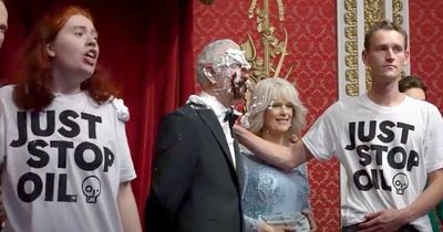 Glasgow woman smashes cake in the face of King's waxwork as part of protest