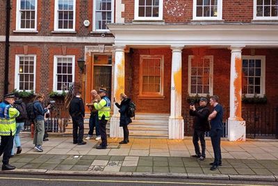 Just Stop Oil protesters spray paint HQ of climate sceptic think tank in London