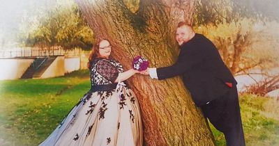 Halloween obsessed Goth has dark wedding with purple skull cake