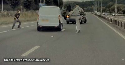 Moment BMW thugs block road and attack van with metal bar