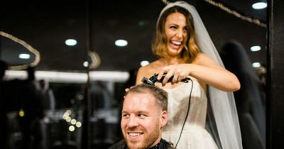 Bride shaves groom’s head during wedding day speeches for very special reason