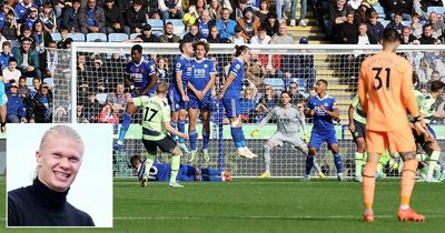 Erling Haaland reacts to Kevin De Bruyne goal after missing Man City match through injury