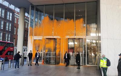 Just Stop Oil supporters spray orange paint onto the MI5 building, Home Office, Bank of England