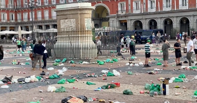 Celtic fans anger locals after leaving trail of rubbish and broken bottles in Madrid square