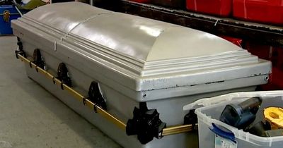 Pawn shop selling USED coffin in cost of living crisis trade-in by desperate customer