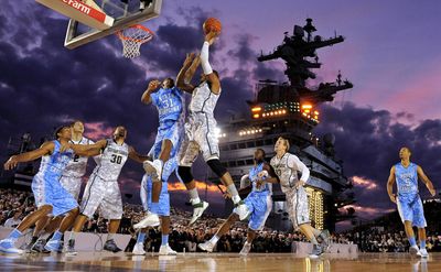 17 incredible photos of college hoops games on aircraft carriers ahead of Michigan State vs. Gonzaga