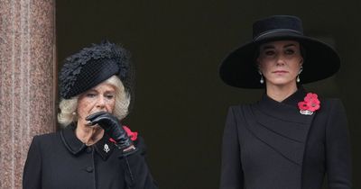 Kate and Camilla sombre with poignant empty space on balcony where Queen used to stand