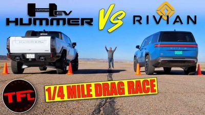 Watch Rivian R1S Electric SUV Drag Race GMC Hummer EV Pickup Truck