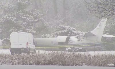 Three people and 53 dogs safe after US plane crash-lands on snowy golf course