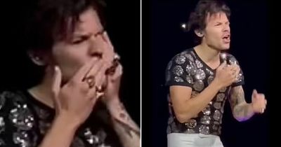 Harry Styles doubles over in agony as fan hurls Skittle at his eye during concert