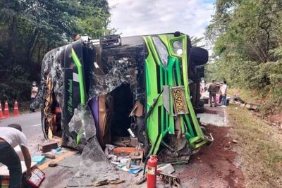 Tour bus overturns, 1 killed, 46 injured