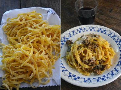 Rachel Roddy’s recipe for fettuccine with chicken liver and mushroom ragu