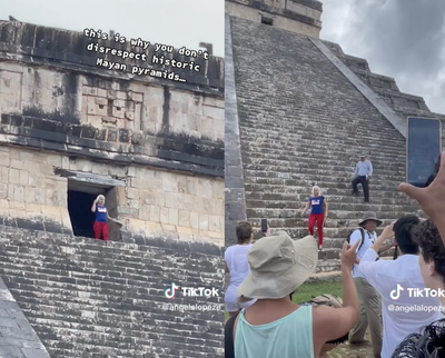 Tourist mobbed by onlookers after climbing ancient Mayan pyramid in Mexico