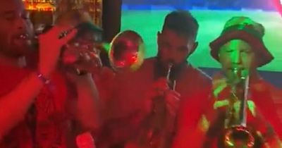 Wales hero Joe Ledley joined The Barry Horns on stage in Dubai to perform his own chant and it was brilliant