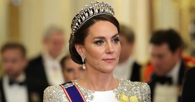 Kate and Camilla wear Queen's jewels in state banquet tribute