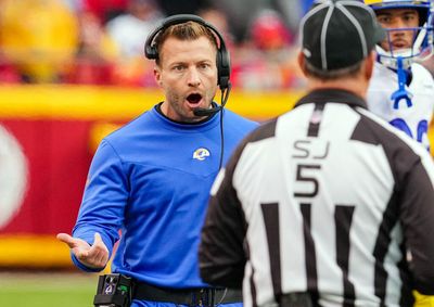 Rams player clips Sean McVay with helmet while running onto field