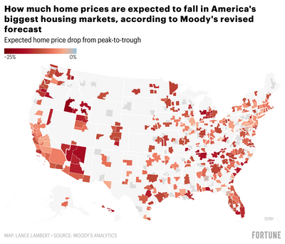 These 49 housing markets to see home prices fall over 15%—this interactive map shows Moody’s updated forecast for 322 markets