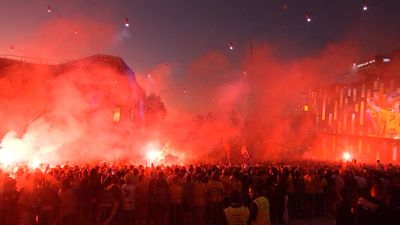 Thousands of fans pack into Federation Square to watch the Socceroos take on Argentina