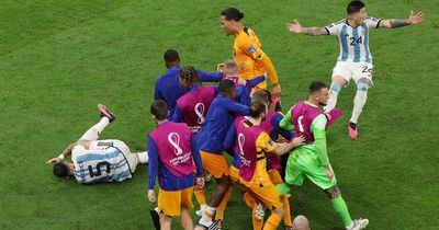 Virgil van Dijk shoves Leandro Paredes to floor after he boots ball at Netherlands bench