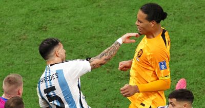 Virgil van Dijk shoves Leandro Paredes to floor after he boots ball at Netherlands bench