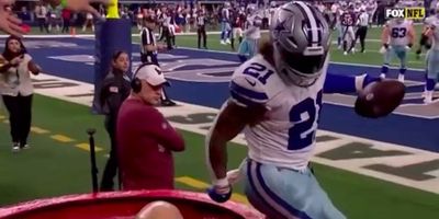 Ezekiel Elliott hilariously – and just barely – avoided a TD celebration that would’ve gotten him fined again