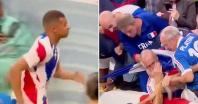 Kylian Mbappe jumps into crowd to apologise to France fan after hitting them with shot