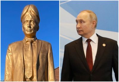 Villagers throw eggs at penis-headed statue of Putin erected in Bell End