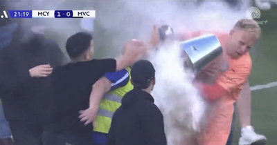Goalkeeper smashed in the face with a bin as Australian derby match erupts in chaos