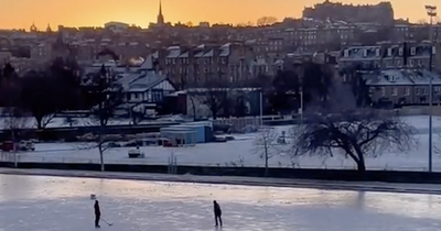 Edinburgh skaters play lively game of ice hockey on frozen pond