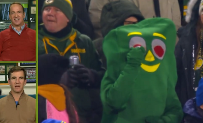 Eli and Peyton Manning were perplexed as this football fan dressed as Gumby drank through his eye